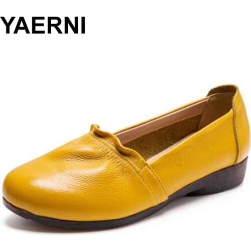 YAERNI New Autumn Top Soft Cowhide Flat Casual Shoes Women Leather Shoes Womens Shoes Fashion All-Match Driving Shoes WomanFlat