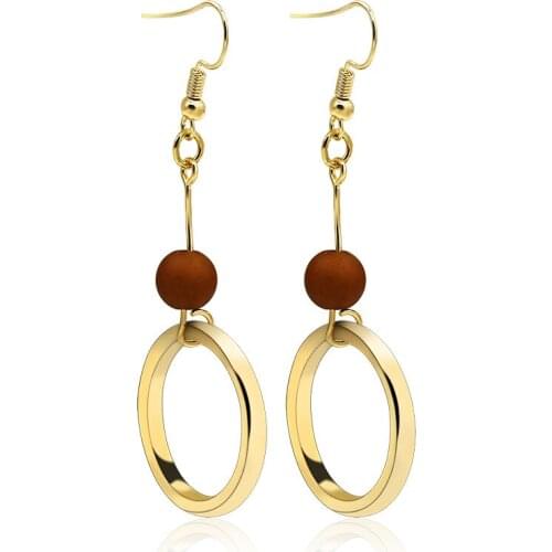 Women Drop Earrings Gold Color Wooden Beaded Earring Jewelry Dangle Long Pendant Hollow Round Circle Charm Eardrop Accessories