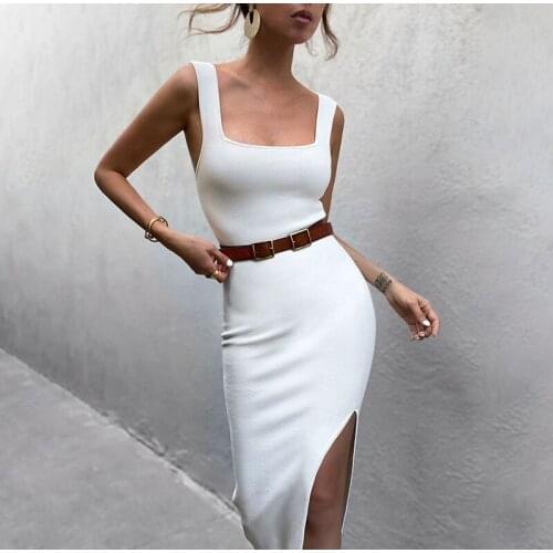 Womens Backless Split Dress Bodycon Square Collar Solid Slim Sexy Lady Dresses New Summer Fashion All-match Female Vestidos