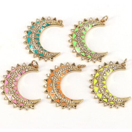 10Pcs,2021 New Gold Plated Moon Shape Charm CZ Micro Pave pendant, Color Enamelled Pendant for Necklace jewelry Making
