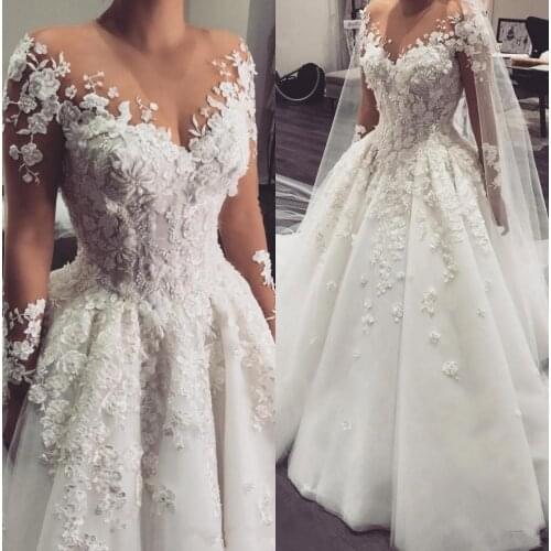 2020 Arabic ONE line Bridal gown Sheer Jewel Neck Long Sleeves 3D Floral lace Appliques Pearls Plus Size dish
