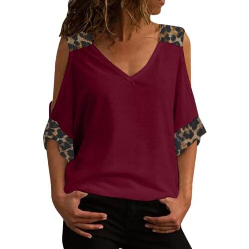 2021 Summer Women T-Shirt Fashion Casual Half Sleeve V Neck Cold Shoulder Leopard Patchwork Loose T-shirt Top Tees