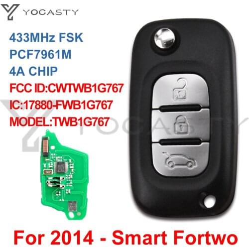 YOCASTY 3 Buttons Head Remote Car Key CWTWB1G767 For MERCEDES-BENZ Smart Fortwo 2014 433MHz 4A Chip Fob CWTWB1G767 TWB1G767