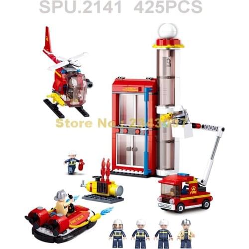 Sluban 0628 425pcs Urban Hero Fire Training Helicopter Boat Truck Station Building Block Toy