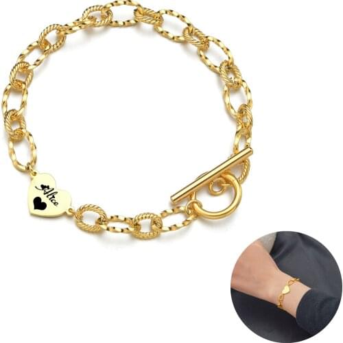 Acheerup Customized Thick Chain Heart Pendant Bracelet For Women Engraving Name Numbers Stainless Steel Bracelet Jewelry Gift