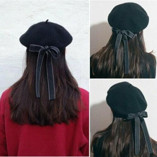 New Elegant Sweet Girls Lady Women Solid Color Black Wool Bow Lace Up Ribbon Beret French Artist Warm Beanie Hat Winter Ski Cap