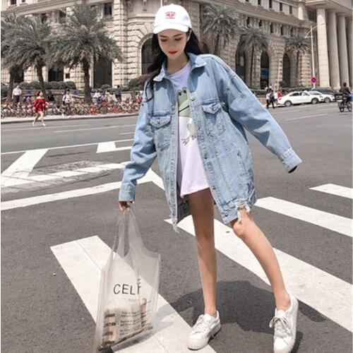 Net Red Denim Jacket Womens 2021 New Spring Autumn Korean Fashion Mid-Length Loose All-match Letter Printing Casual Denims Coat