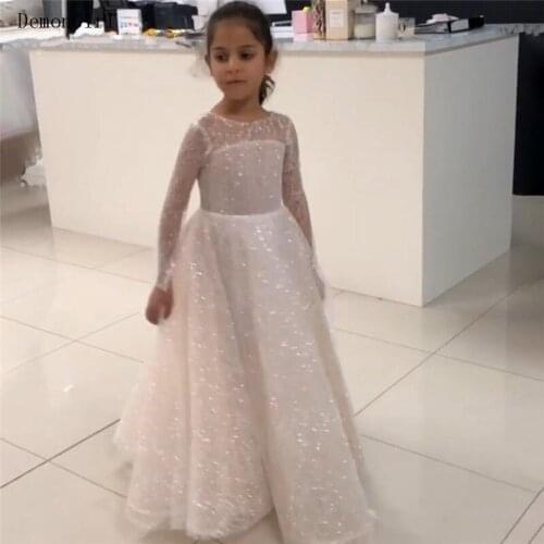 Glitter A-Line Girls Dresses Illusion Long Sleeve Party Gown Kid Princess First Communion Dress