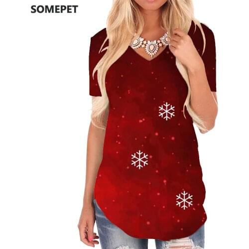 SOMEPET Christmas T Shirt Women Red Shirt Print Snowflake V-neck Tshirt Harajuku Tshirts Printed Womens Clothing Summer Printed
