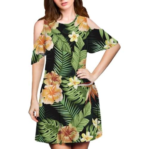 Hycool Floral Print Light Green Short Sleeve Dress Custom Casual Comfortable Dress Leakage Shoulder Clothing Summer Midi Dress