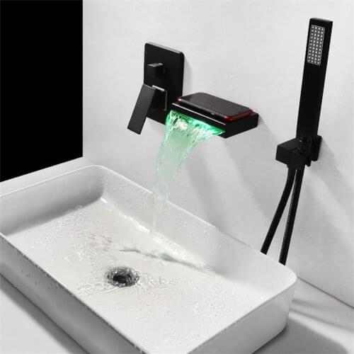Bathroom Bathtub Faucet Brass Waterfall Mixer Tap Hot & Cold With LED Bath Shower Faucets Wall Mounted Bathtub Shower Faucet Set
