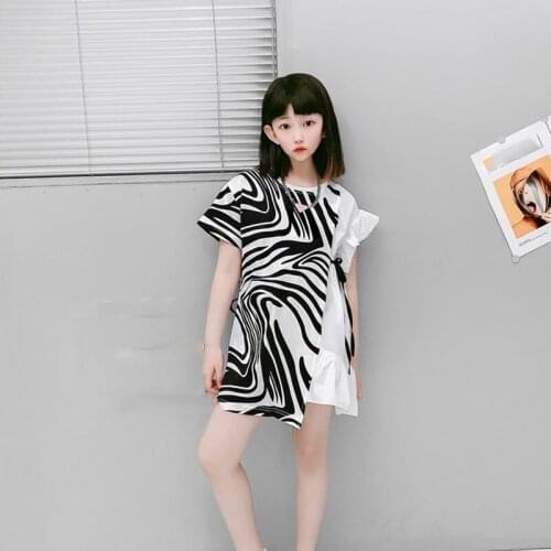 Summer New Girls Dresses Stitching Color Matching Short-Sleeved Dress Lightweight A-Line Big ChildrenS Fashion Cotton Clothing