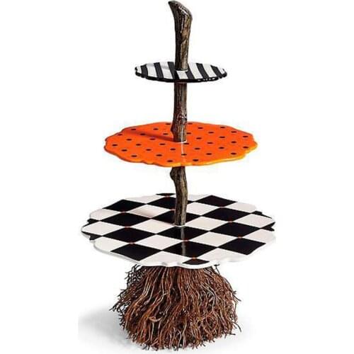 Halloween Broom Snack Bowl Rack Wooden Long Desk Dessert Fruit Platter Plates Halloween Party Decoration Rack Home Decor