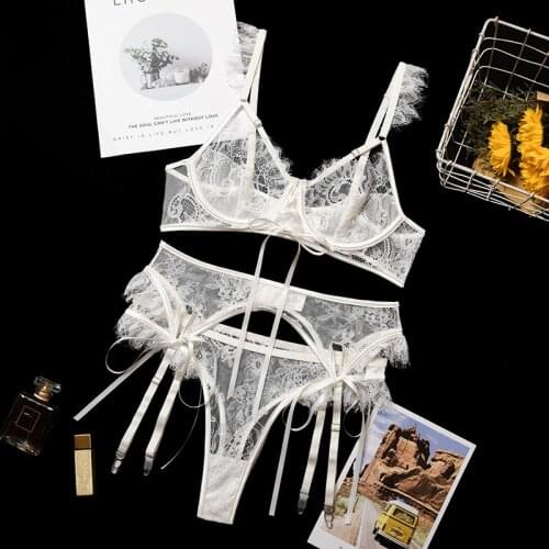 Wriufred Fashion lace eyelashes stitching cross bowknot underwear three-piece lingerie panties sets push up womens bralette