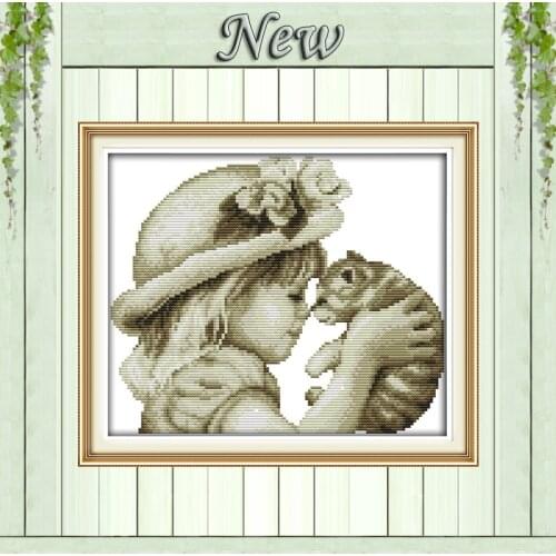 Lovely girl and cat,counted print on the canvas DMC 14CT 11CT Cross Stitch Set,embroider needlework kit,baby kiss cat Home Decor