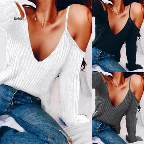 Autumn Women Sexy Off Shoulder Knitted Tops V-Neck Straps Womens Thin Sweater Long Sleeves Pure Color Low Cut Casual Pullovers