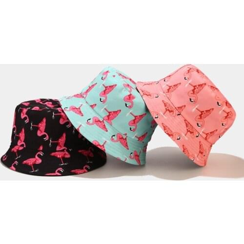 New Fashion Flamingo Print Mens Bucket Hat Womens Double-sided Panama Outdoor Fisherman Hat Hiking Shipping Sun Protection Cap