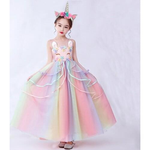 2021 Long Unicorn Dress Kids Dresses For Girls Children Gown Princess Tutu Dress Girl Birthday Party Cosplay Dress 3 10 12 Years