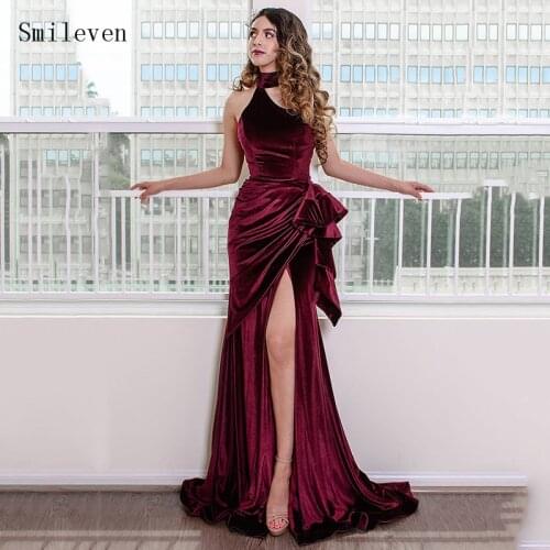 Smileven Sexy Velvet Mermaid Evening Dresses Halter Neck Side Split Formal Party Gowns Caftan Arabic Prom Gowns Custom Made
