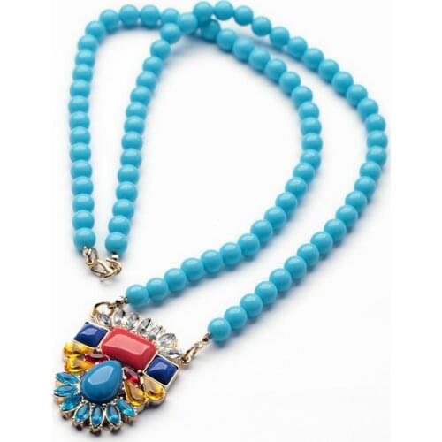 Chic New Arrival National Bohemia Charm Gold Color Plant Square Blue Bead Long Necklace