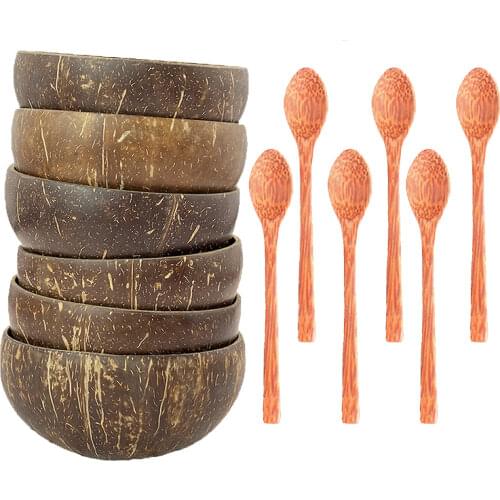 Natural coconut bowl set decoration Decorative handmade coconut shell tableware wood spoon dessert fruit salad 12-15cm