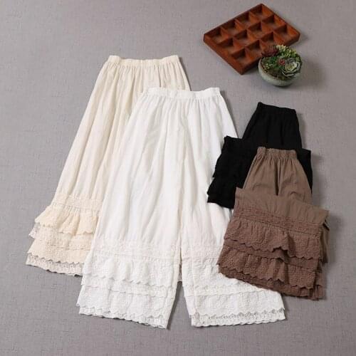 Loose Pants Literary Fresh Elastic Waist Cotton linen Lace Wide Leg Pants Women