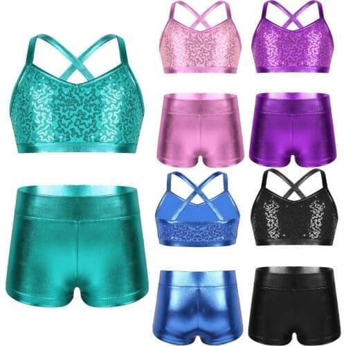 Kids Girls Tankini Ballet Dance Clothes Set Shiny Sequins Tank Crop Top With Shorts Tracksuit Outfit Workout Gymnastics Costume