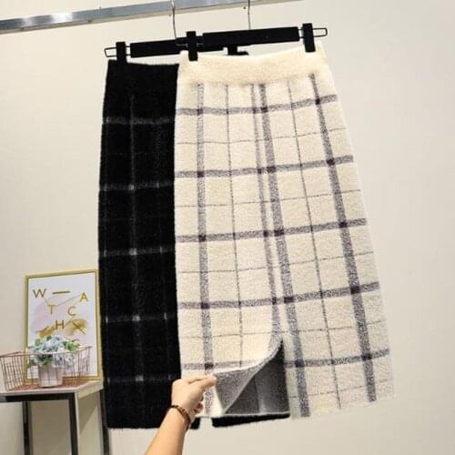 Thickened Imitation Mink Velvet Skirt Knitted Mid-length Autumn and Winter Models Slit Bag Hip Wool Long Skirt