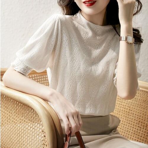 Blusas Mujer De Moda 2021 Vetement Femme Free Shipping Items Clothes for Women Solid Casual Shirts White Knitted Fabric top 0922