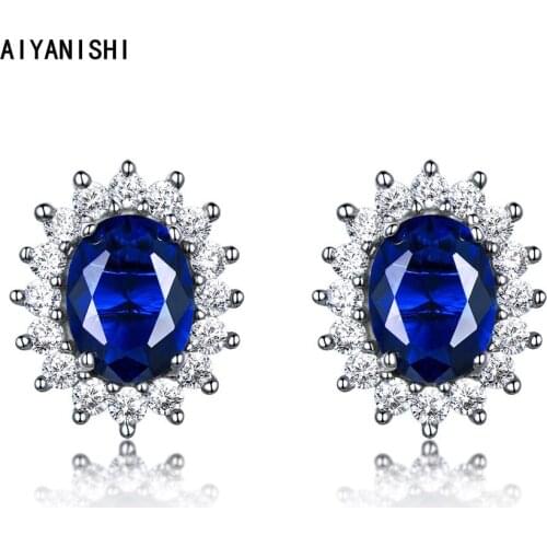 AIYANISHI 925 Sterling Silver Stud Earrings Jewelry Women Halo Created Nano Sapphire Stud Earring Party Gift for Girl Teens Lady