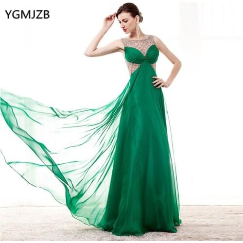 See Through Long Evening Dresses 2018 A-line Sheer Back Beaded Crystal Floor Length Green Women formal Evening Gown Prom Dress