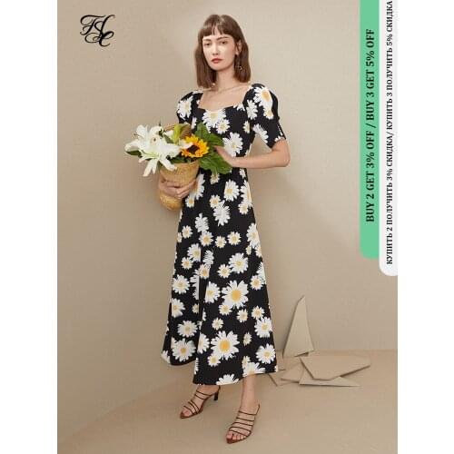 FANSILANEN Floral print vintage long dress Women summer puff sleeve elegant black maxi dress Beach boho retro dresses ladies