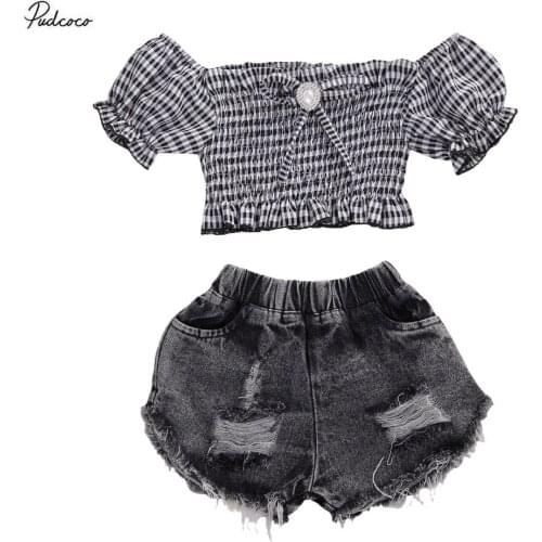 2020 2-9Y Fashion New Toddler Baby Girl Clothes Plaid Off Shoulder Crop Tops+Black Holes Denim Shorts 2pcs Summer Kids Outfits
