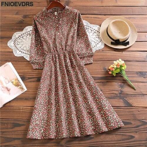 2021 Prairie Chic Mori Girl Style Japanese Design Floral Print Vintage Retro Cotton Corduray Dress