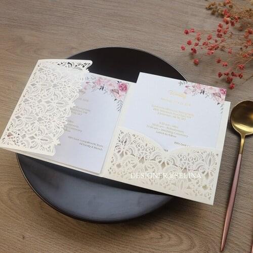 50 Pieces/Lot) Cream Shiny Flower Print Wedding Invitation Card DIY Burgundy Gold Pink Lase Cut Greeting Cards for Anniversary