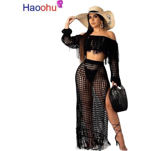 HAOOHU Hollow Out Fishnet Tassel Knitted Two piece Set Summer Beach Dress Off Shoulder Lantern Sleeve Crop Top + Maxi Skirt