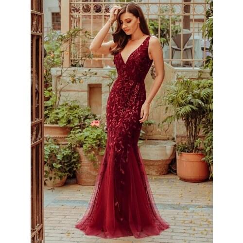 Burgundy Evening Dresses For Women Party Ever Pretty EP07886 Elegant V-Neck Mermaid Sequin Wedding Formal Gown Abendkleider 2021
