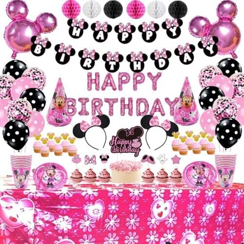 Disney Minnie Mouse Party Supplies Disposable Tableware Balloons Banners Cup Plate Cake Decor Set For Kids Girls Birthday Party