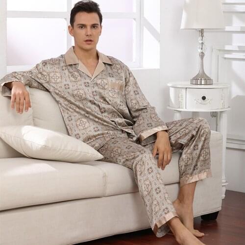 FZSLCYIYI Spring Sleep Printed Satin Sleepwear Rayon Long Sleeve Pants Silk Pajama Sets Men Pyjamas Nightwear Homewear