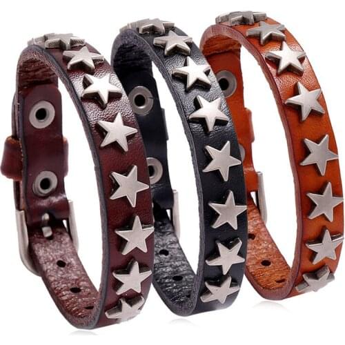 Jessingshow Punk Gothic Alloy Pentagram Accessories Men Leather Bracelet Cuff Bangle Wristband Vintage Women Jewelry