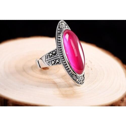 S925 Sterling Silver Inlaid Natural Red Steel Jade Ring Temperament Retro Ladies Ring Long Party Wedding Jewelry