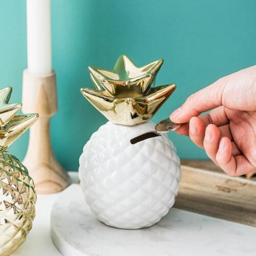 9.5x13.5cm Pineapple Shaped Piggy Bank Cans Home Decoration Craft Gift Coin Banknotes Piggy Jar White and Gold