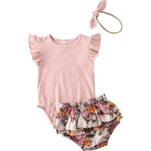 Baby Girls Summer Clothing 0-18M Cotton Short Sleeve Bodysuit Tops Ruffles Floral Baby Bloomers Shorts Headband 3PCS Set