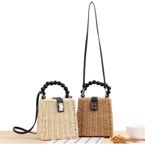 Fashion Wooden Beads Portable Womens Woven Bag Summer Mini Beach Bag Mori Metal Lock Retro Bohemian Rattan Shoulder Bag