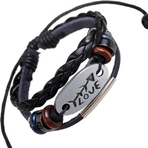 Punk Fashion Black Wrap Leather Bracelet Vintage LOVE Fishbone Charm Bead Bangle Adjustable Wristband for Men Women Jewelry Gift