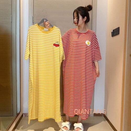 Plus Size 5XL Women Short Sleeve Homewear Nightdress Cotton Striped Nightwear Home Dressing Gown Summer New Long Nightgown