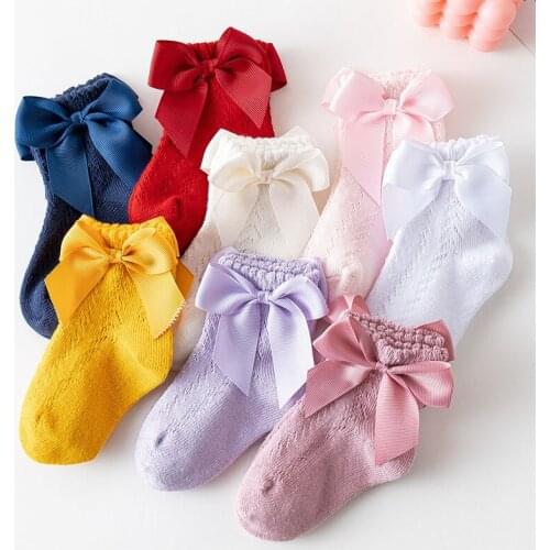 Baby Toddler Girls Socks Solid Color Big Bow Socks Spring Summer Cotton Mesh Socks for Newborn Babies Short Socks Children Socks