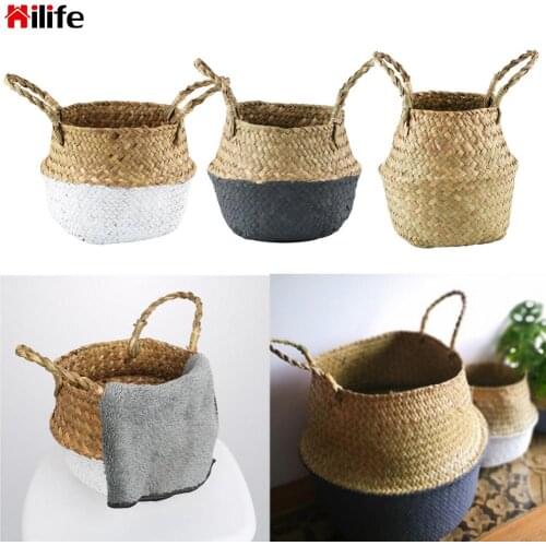 Handmade Woven Basket Natural Sea Straw Foldable Sundries Storage Basket Patchwork Textile Organizer With Handle