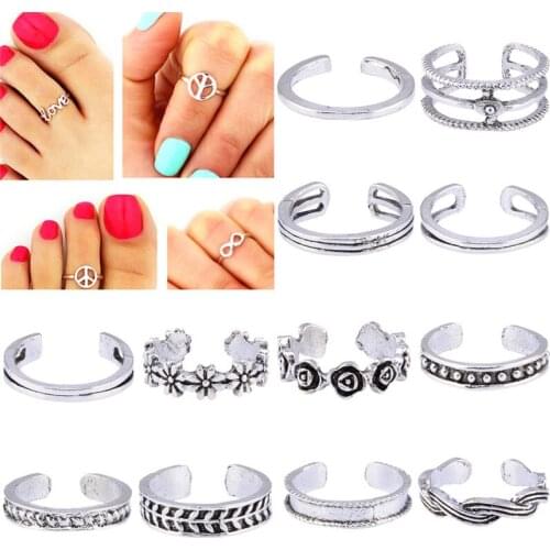 Adjustable Toe Ring Foot Women Jewelry Mix Celebrity Fashion Simple Retro Carved Flower Drop Trendy 12PC/Set Wholesale