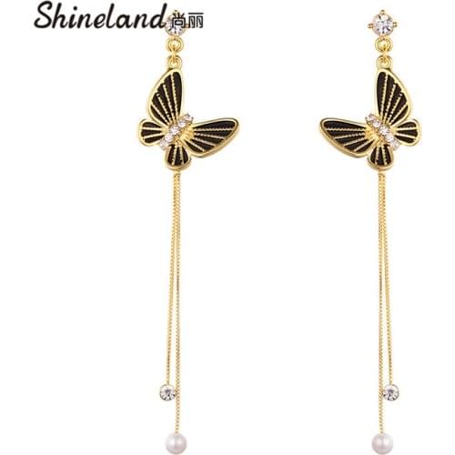 Shineland Long Brincos Women Butterfly Crystal Simulated Pearl Tassel Drop Dangle Earring Bijoux Statement Jewelry Gift 2021